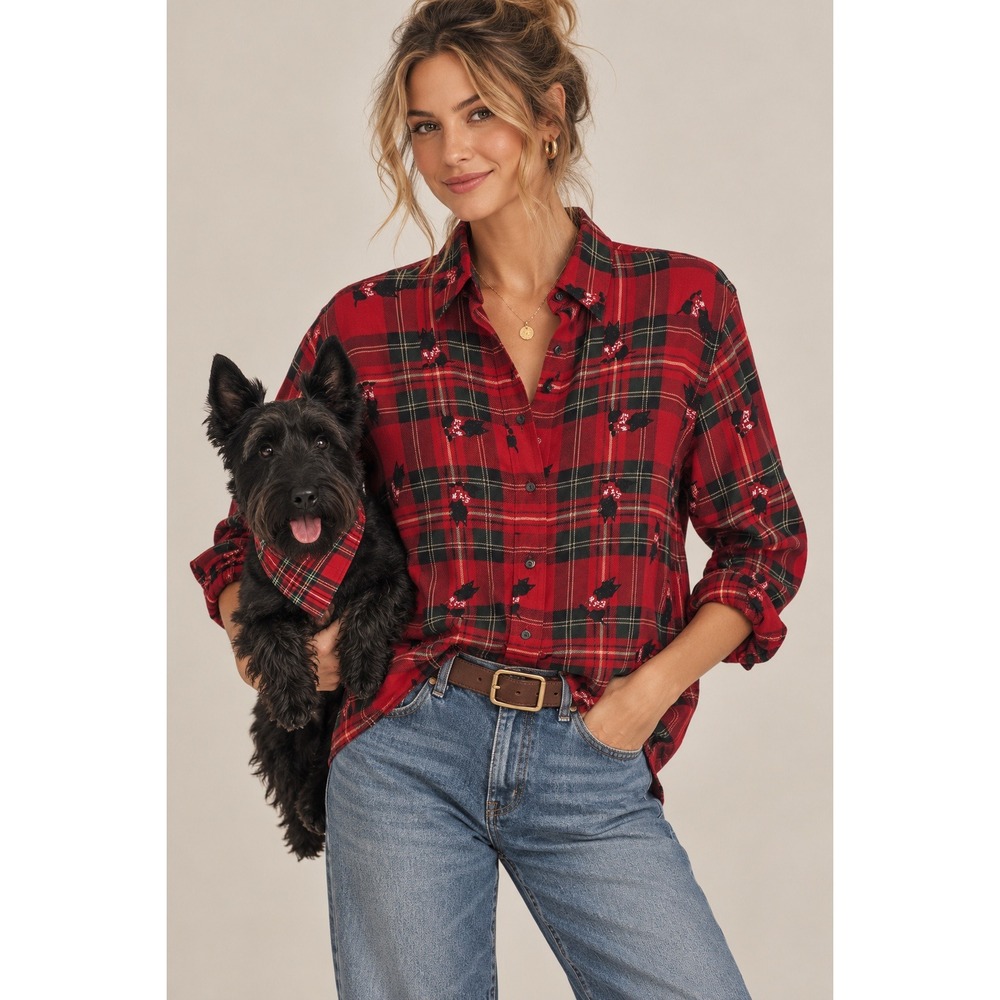 VTG Ralph Lauren Button Down Shirt Womens M Red Plaid Scottie Dog Wool Preppy